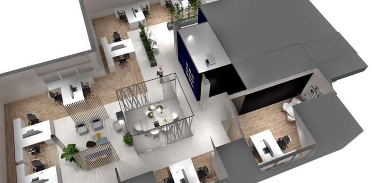 Un plan de bureau en 3D avec des bureaux, des chaises, des zones de réunion, des plantes et des pièces séparées, avec un sol en bois et un mobilier moderne.
