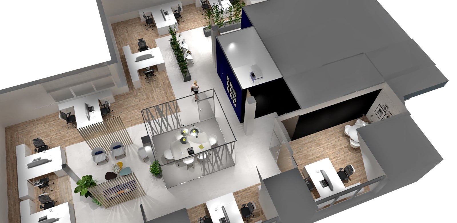 Un plan de bureau en 3D avec des bureaux, des chaises, des zones de réunion, des plantes et des pièces séparées, avec un sol en bois et un mobilier moderne.