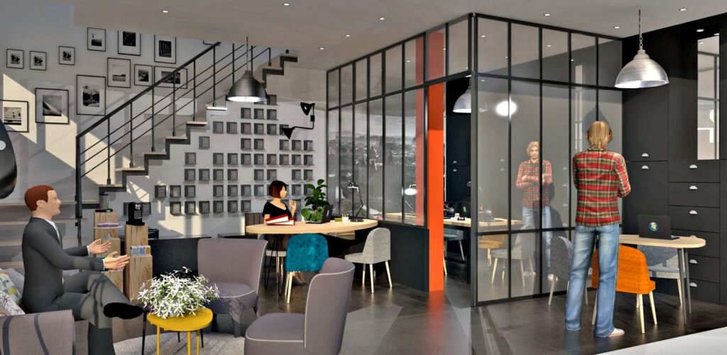 Espace de bureau moderne avec une salle de réunion vitrée, des personnes travaillant à des bureaux, un coin salon et un escalier avec des photos encadrées au mur.