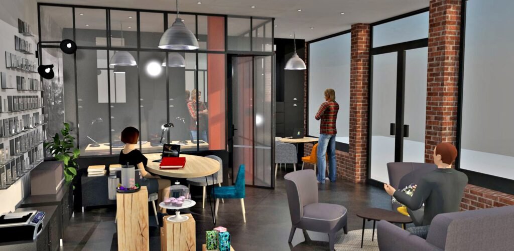 Intérieur d'un café moderne avec plusieurs personnes assises et debout, des murs en briques apparentes, des cloisons en verre et un mobilier contemporain.