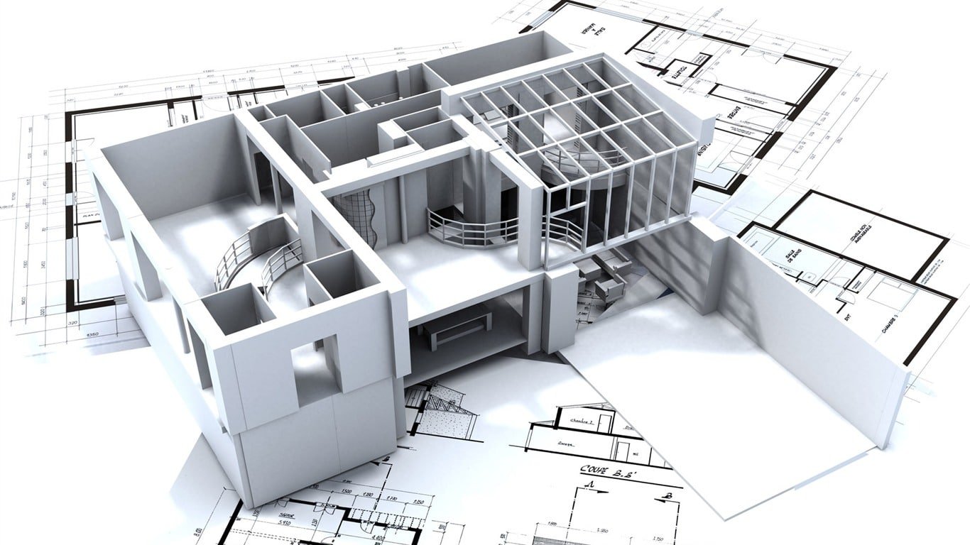 Modèle architectural en 3D d'un bâtiment moderne superposé à plusieurs plans techniques.