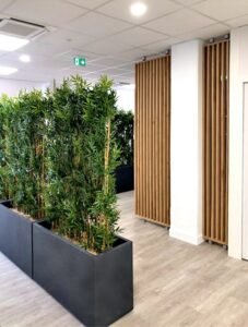 Couloir de bureau moderne avec un sol en bois clair, des dalles de plafond, de grandes plantes en pot en guise de séparateurs et des lattes de bois verticales au mur.