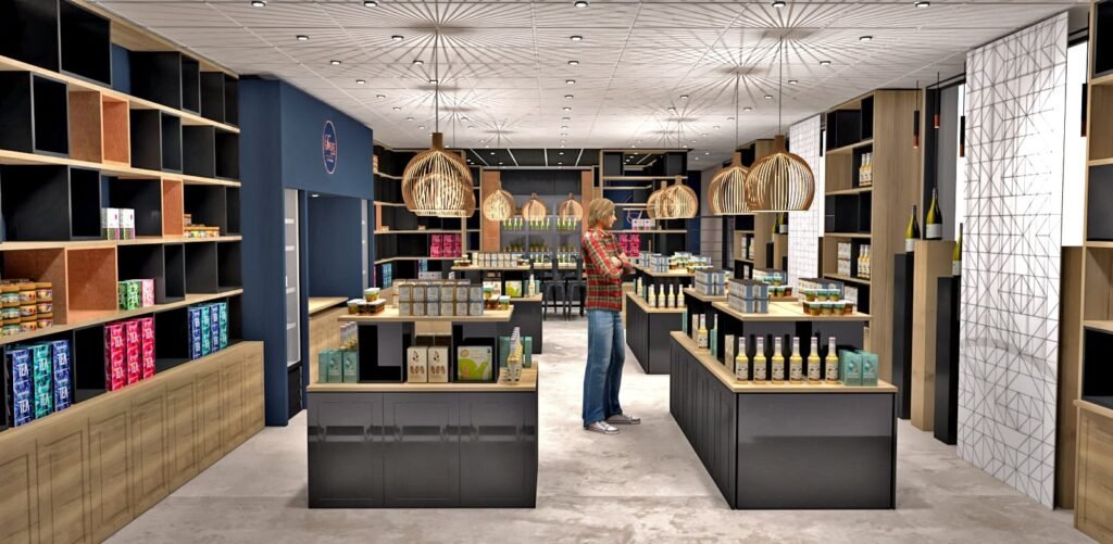 Une personne se trouve dans un magasin de détail moderne dont les étagères et les présentoirs sont garnis de divers produits sous un éclairage suspendu.