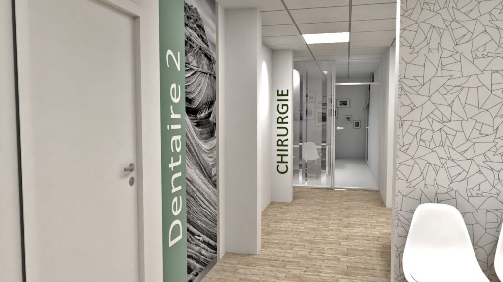 Un couloir de clinique moderne avec des portes étiquetées "Dentaire 2" et "Chirurgie", avec un sol en bois clair et des murs à motifs géométriques.
