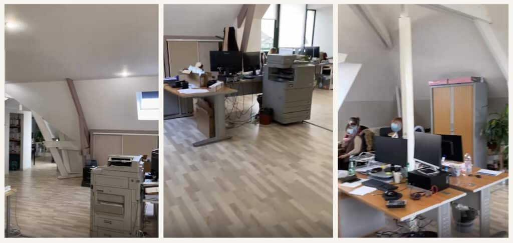 Trois images d'un bureau moderne avec des bureaux, des ordinateurs, des chaises de bureau, des classeurs et quelques personnes en train de travailler ; on peut voir du parquet en bois clair et des poutres apparentes.