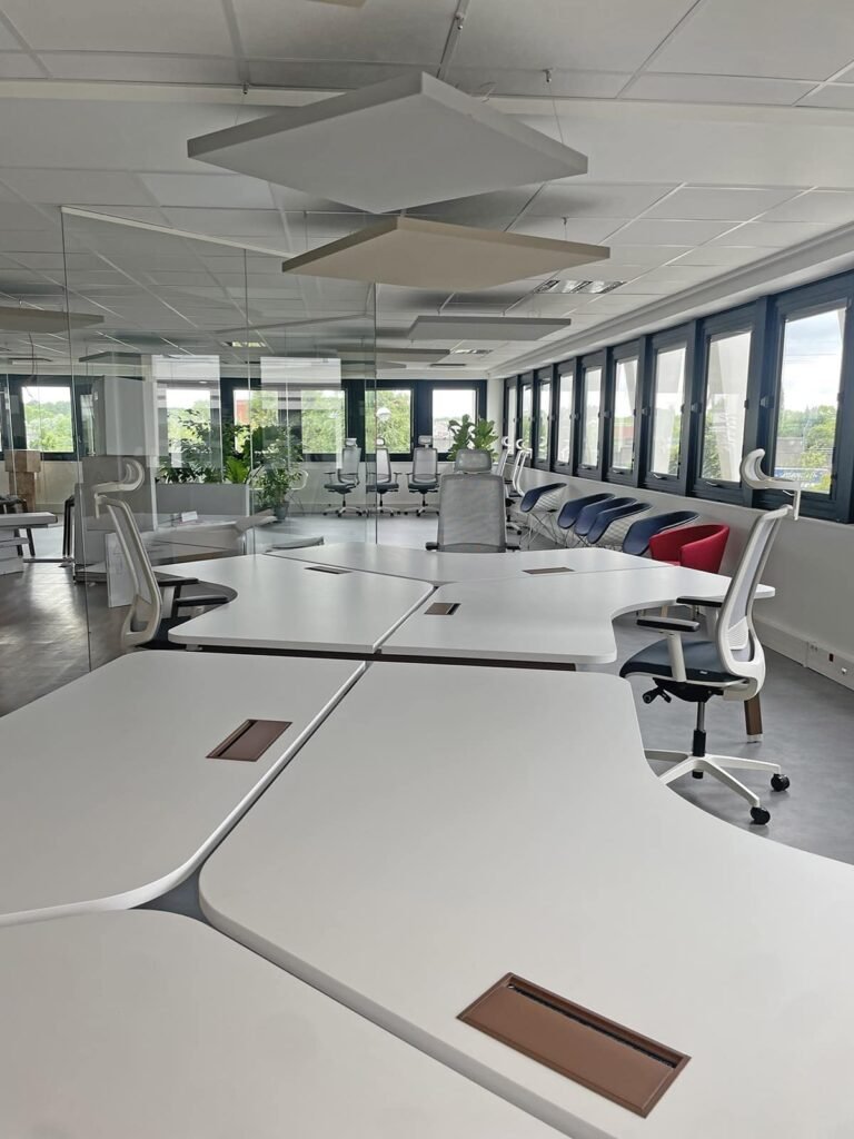 Bureau moderne à aire ouverte avec des bureaux blancs, des chaises ergonomiques, de grandes fenêtres et des plantes. L'espace est bien éclairé par la lumière naturelle et comporte des panneaux acoustiques au plafond.