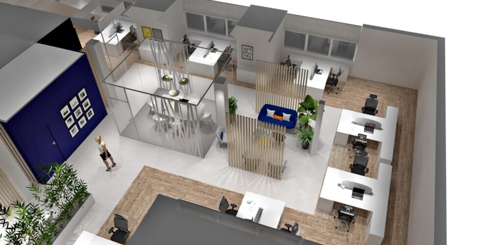 Un bureau moderne à aire ouverte avec des bureaux, des ordinateurs, un coin salon et un espace de réunion séparés par des lattes de bois verticales ; une personne se promène dans l'espace.