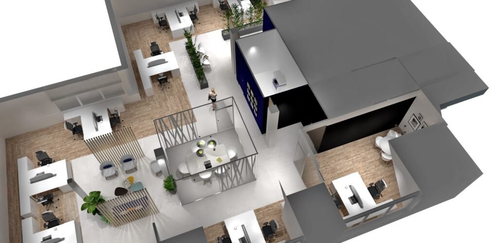 Vue de haut en 3D d'un bureau moderne avec des bureaux, des chaises, des espaces de réunion, des plantes et des cloisons sur un sol en bois clair.