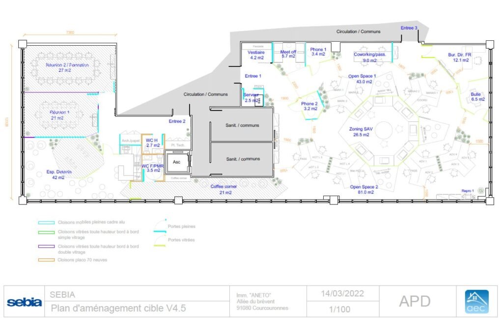 Plan des bureaux montrant les différents espaces de travail, les salles de réunion, les zones communes, les sections étiquetées et les points d'entrée, avec les types de cloisons codés par couleur indiqués dans la légende.