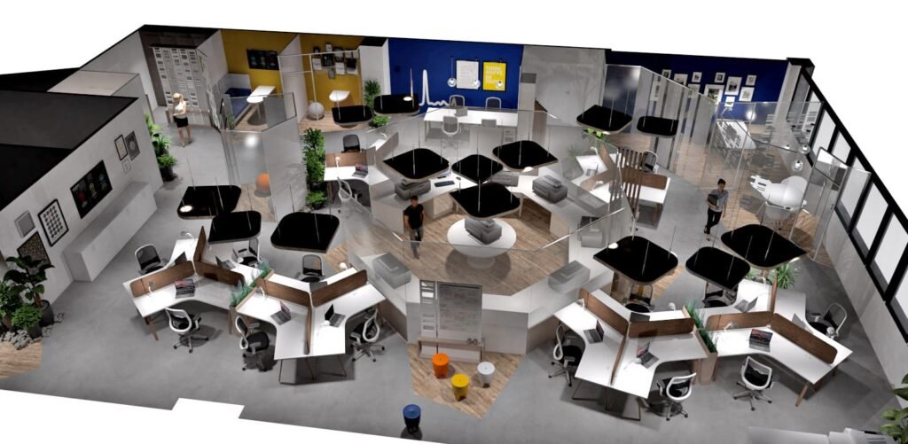 Un bureau moderne à aire ouverte avec des postes de travail groupés, des salles de réunion vitrées, des espaces de détente et plusieurs personnes qui travaillent ou se promènent.