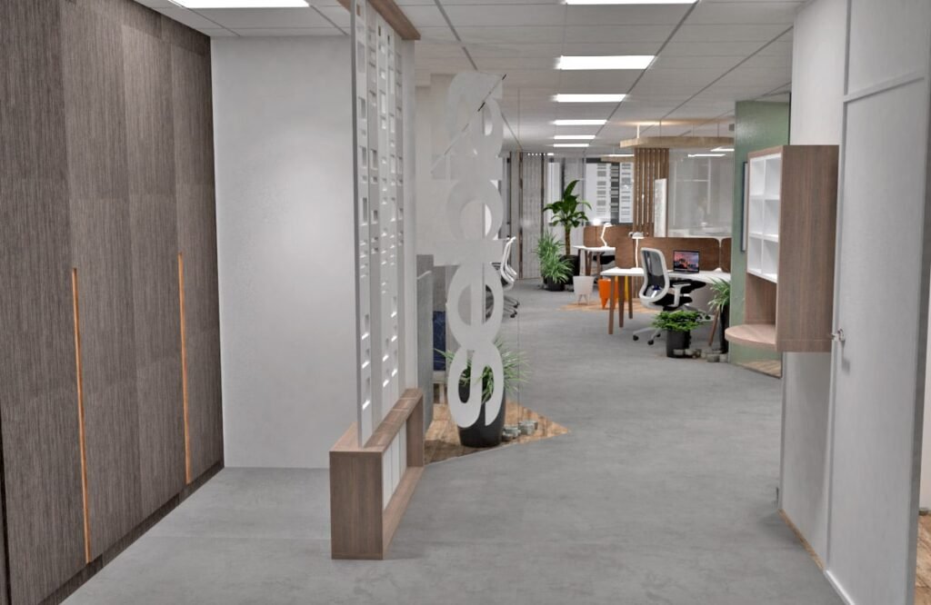 Intérieur de bureau moderne avec des postes de travail ouverts, des plantes en pot, des éléments de décoration en bois et en blanc et un séparateur de pièce géométrique.