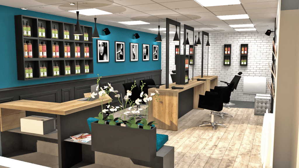 Intérieur d'un salon de coiffure moderne avec des chaises noires, des accents en bois, des étagères de produits sur les murs, des photos encadrées et des détails en briques blanches. Des orchidées et des magazines sont posés sur le comptoir d'entrée.