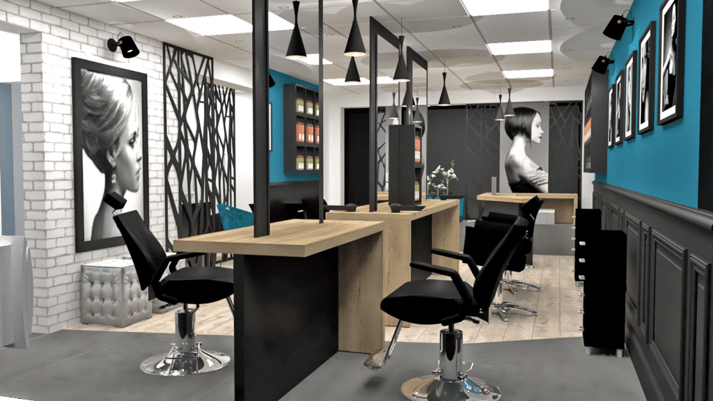 Intérieur d'un salon de coiffure moderne avec des fauteuils de coiffure noirs, des postes de travail en bois, des œuvres d'art murales représentant des femmes, des étagères de produits et un éclairage contemporain.