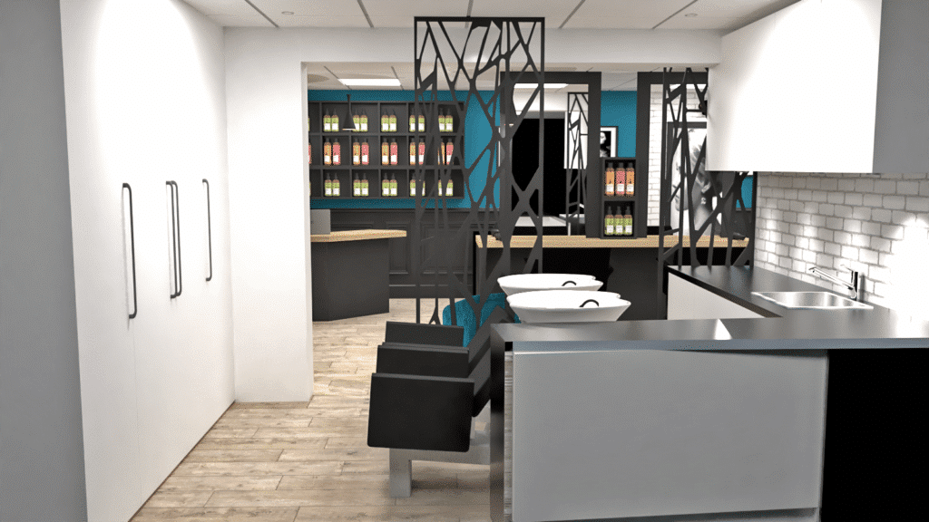 Intérieur de salon de coiffure moderne avec des chaises de salon noires, des lavabos blancs, une cloison à motifs géométriques, des étagères avec des produits de coiffure et un sol en bois.