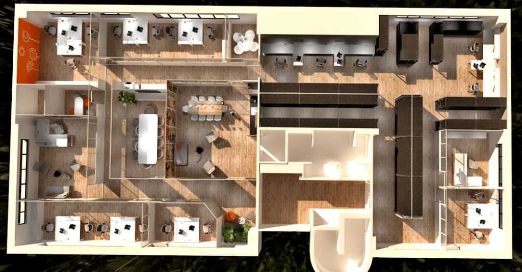 Vue de haut en bas d'un bureau moderne composé de plusieurs bureaux, de bureaux privés, d'espaces de réunion et d'espaces communs disposés autour d'une salle de conférence et d'un salon.