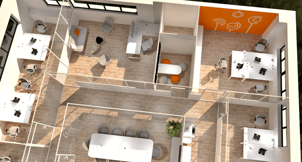 Vue de haut en bas d'un bureau moderne composé de bureaux, de chaises, d'un coin salon, d'une table de conférence et d'un mur d'accent orange orné de motifs décoratifs.