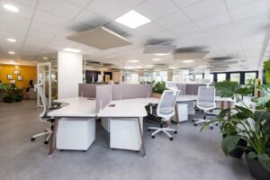 Bureau moderne à aire ouverte avec des bureaux blancs, des chaises ergonomiques, des cloisons de séparation et diverses plantes vertes ; éclairage lumineux et espace de travail propre et organisé.