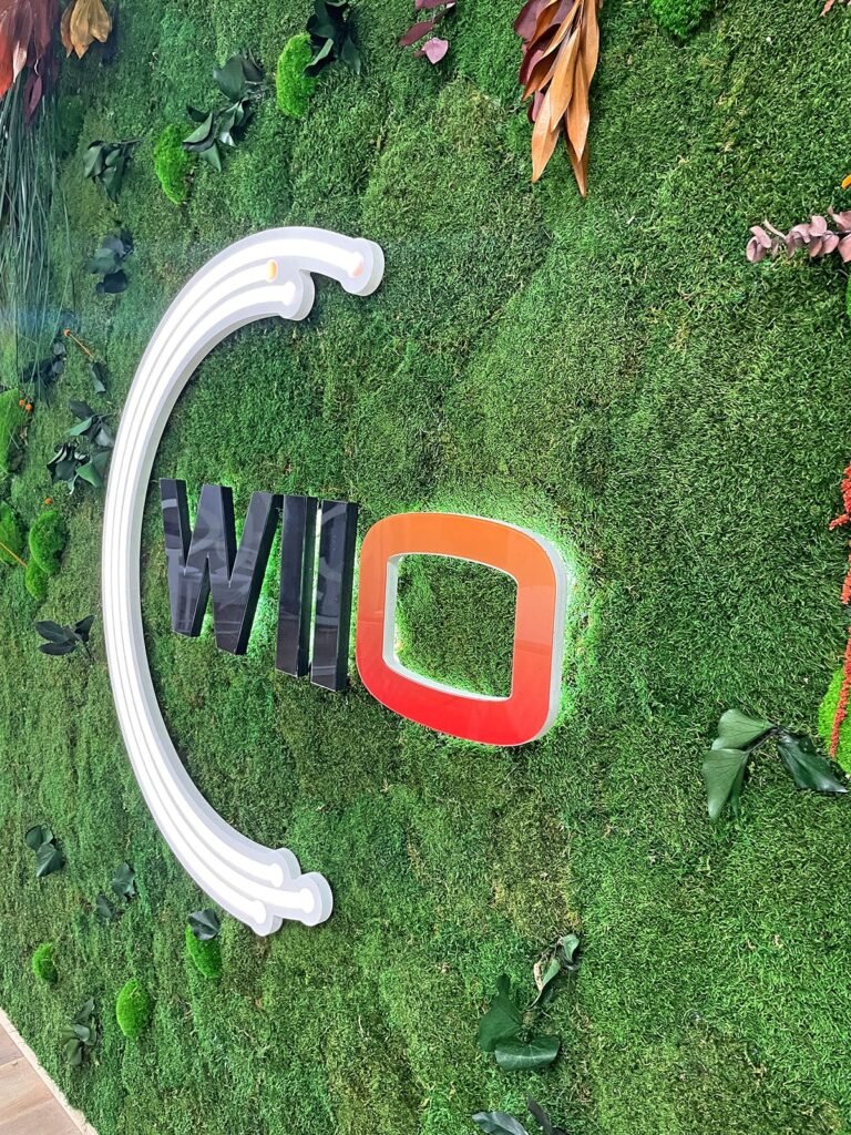 Un mur de mousse verte avec le mot "WILD" en grandes lettres, avec un "D" rougeoyant et des feuilles et plantes environnantes en guise de décoration.
