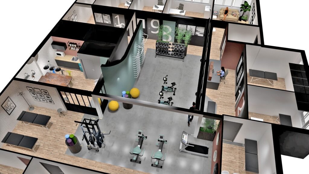 Plan en 3D d'une salle de sport moderne avec des équipements d'exercice, des poids et haltères, des machines cardio et des espaces de détente dans différentes pièces avec des sols en bois et en béton.