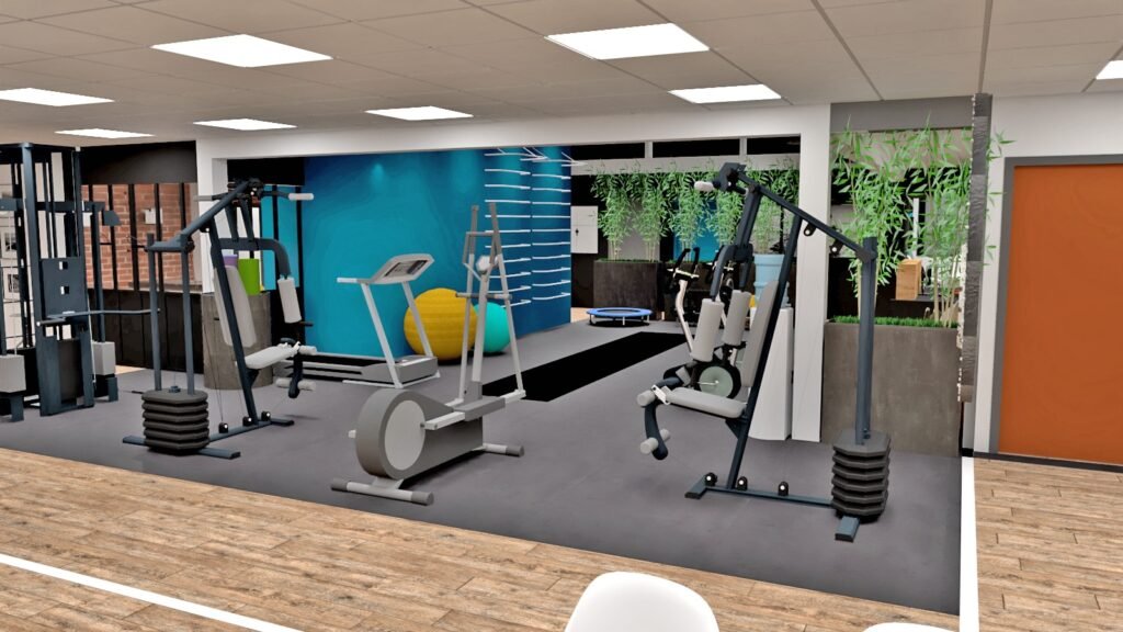 Intérieur d'une salle de sport avec des machines d'exercice, un vélo d'appartement, des poids et haltères, des ballons de gymnastique et des plantes contre un mur d'accent bleu.