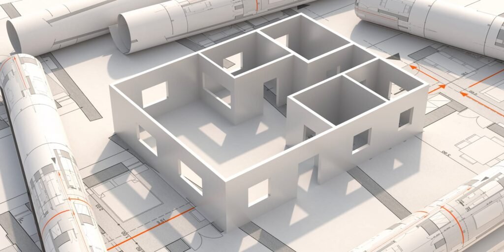 Un modèle 3D du plan d'une maison se trouve au-dessus de plusieurs plans architecturaux roulés et déroulés.