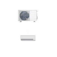 Une unité de climatisation extérieure et une unité de climatisation intérieure sont alignées verticalement avec une flèche pointant de l'unité extérieure vers l'unité intérieure sur un fond blanc uni.
