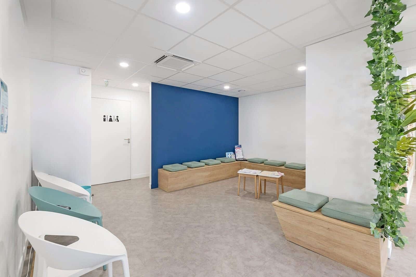 Une salle d'attente propre et moderne avec des bancs et des chaises, des murs clairs, un mur d'accent bleu et une porte avec des panneaux indiquant les toilettes. Une plante est accrochée sur le côté droit.