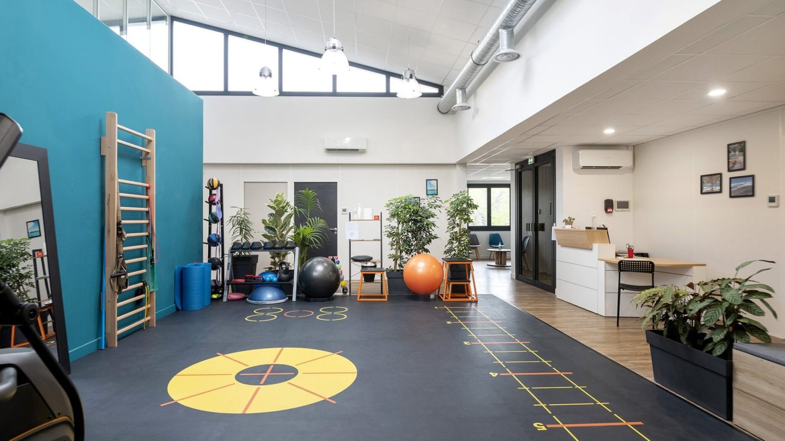 Salle de sport moderne équipée de matériel d'exercice, de ballons d'équilibre, d'une échelle murale, de marquages au sol pour les exercices d'agilité, de miroirs, de plantes et d'un bureau d'accueil dans un espace ouvert et lumineux.