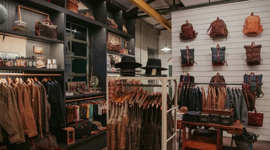 Intérieur d'un magasin de vêtements avec des vestes, des chemises, des chapeaux et des sacs à dos soigneusement présentés sur des étagères, des rayonnages et des murs dans un cadre rustique et industriel.