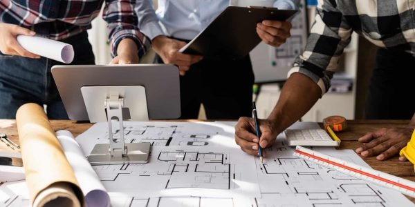 Trois personnes examinent et annotent des plans d'architecture sur une table avec une tablette, une règle, une calculatrice et des plans enroulés pour un projet d'agencement bureaux Île-de-France.