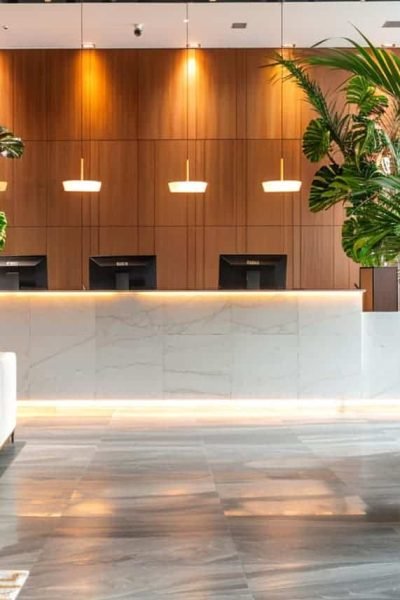 Hall d'entrée d'un hôtel moderne avec un bureau de réception en marbre, un mur en bois, des lampes suspendues, de grandes plantes en pot et un coin salon aux couleurs neutres.