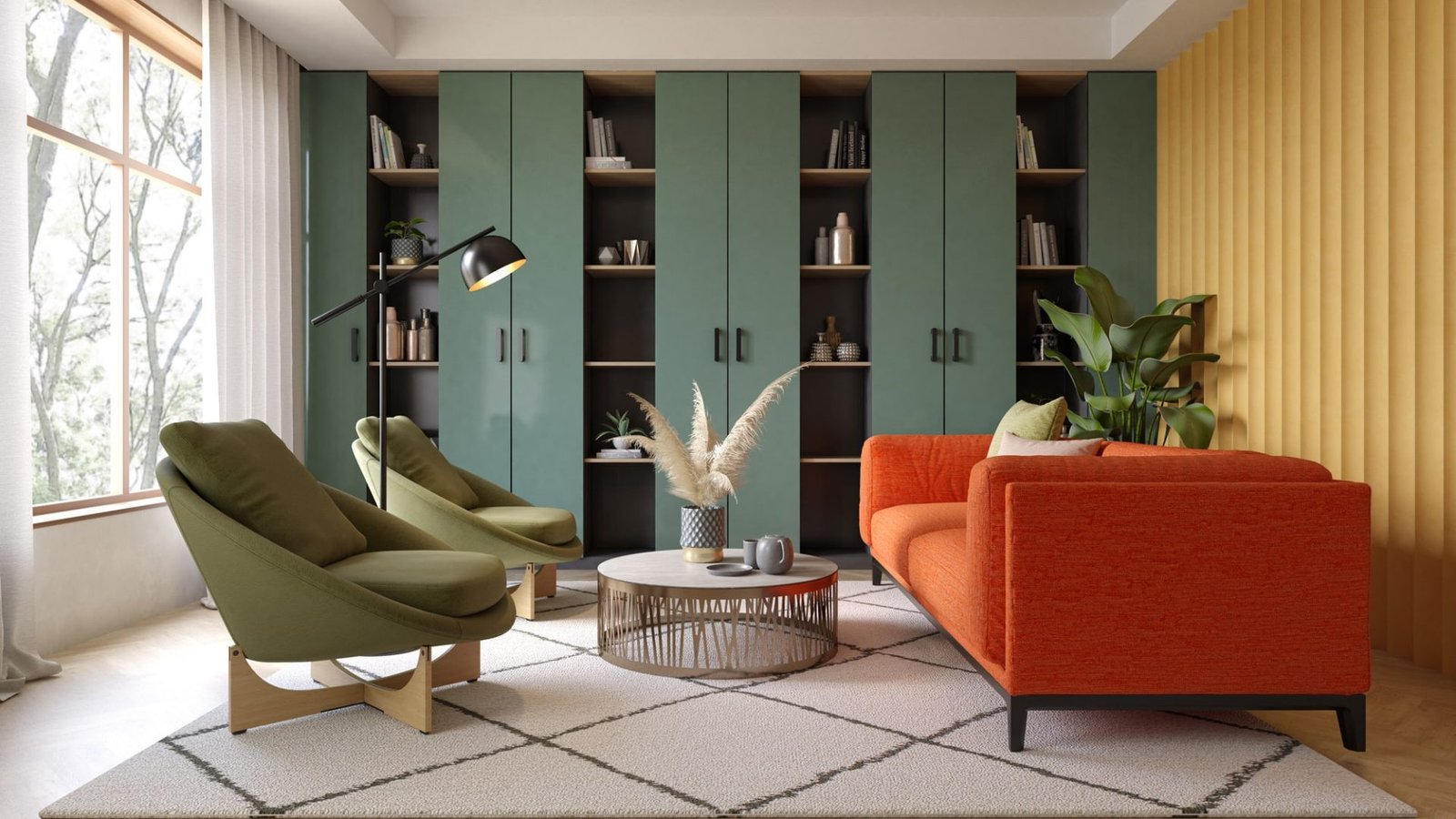 Salon moderne avec un canapé rouge, deux chaises vertes, une table basse ronde, des étagères encastrées avec des armoires, un lampadaire, et une grande fenêtre - mettant en valeur l'expertise d'un contractant général rénovation pour les espaces de style.