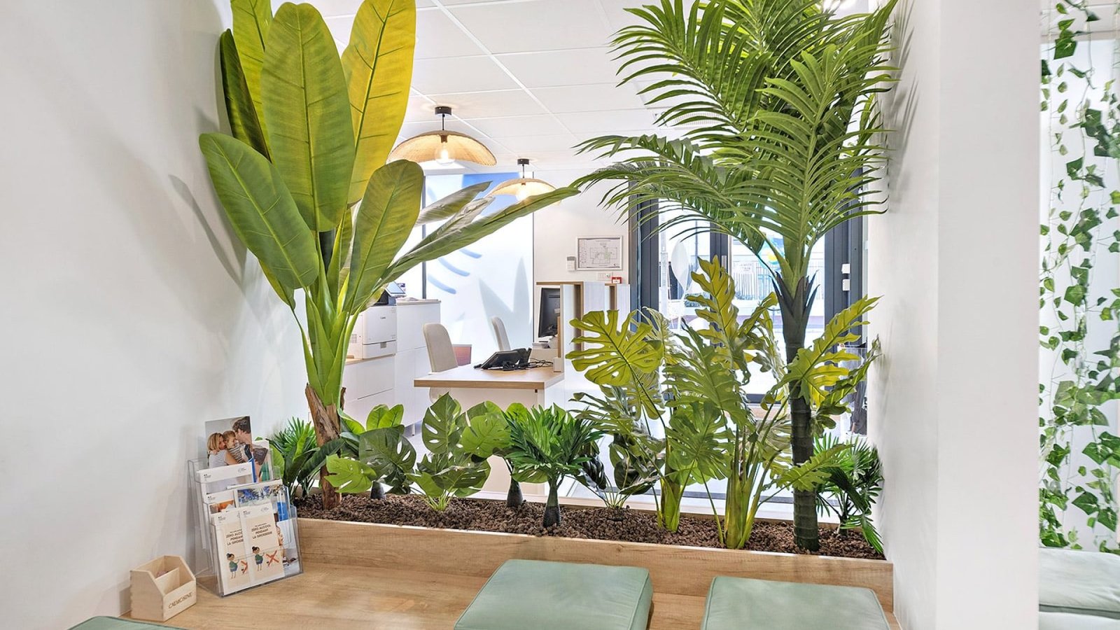 Bureau moderne avec des plantes d'intérieur, une banquette en bois avec des coussins verts et un bureau à l'arrière-plan. La lumière naturelle pénètre par de grandes fenêtres.